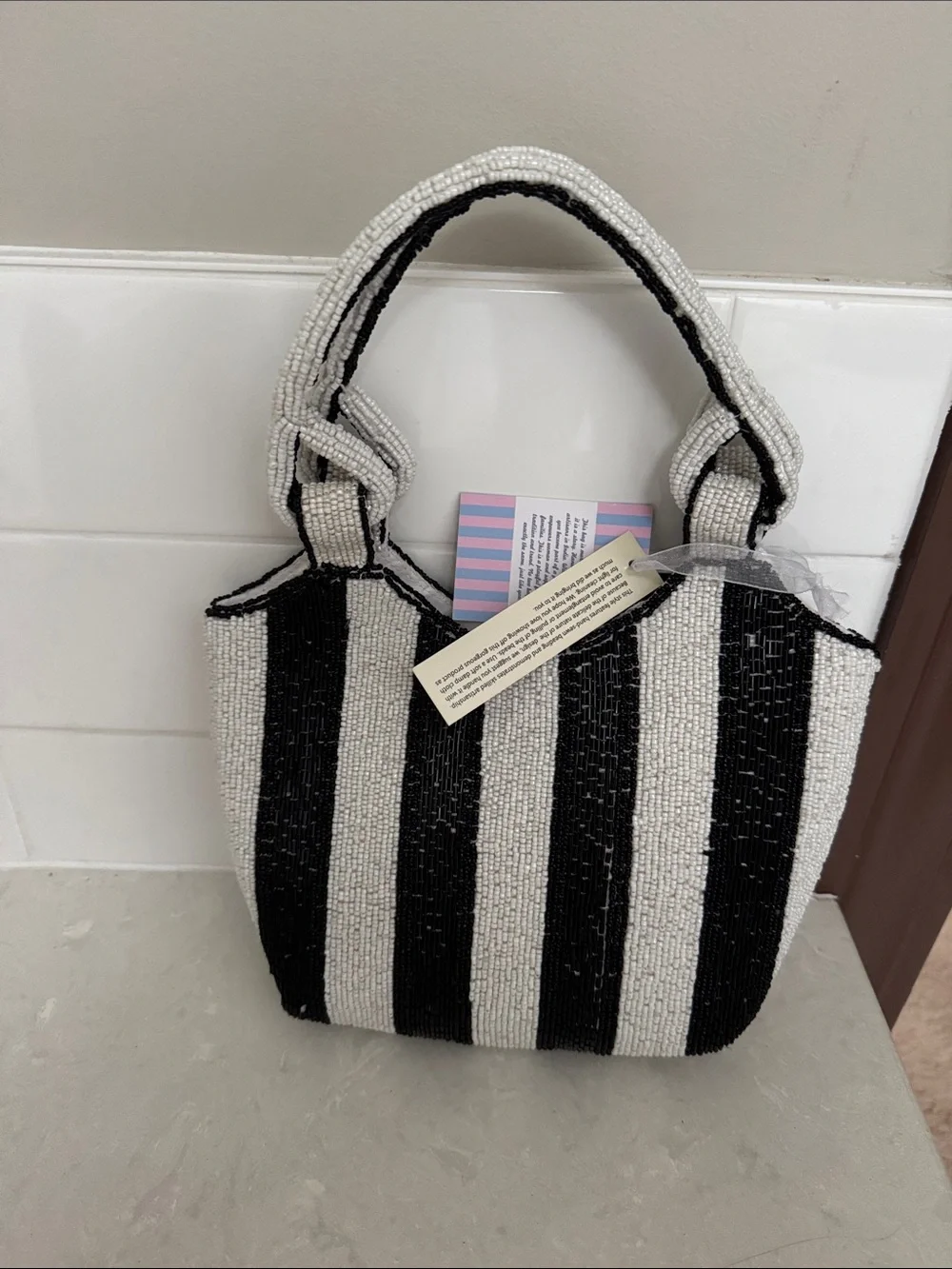 Hand-Beaded Black & White Stripe Women's Tote